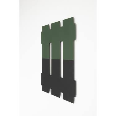 Untitled cruciform painting with chrome green and signal black thumb