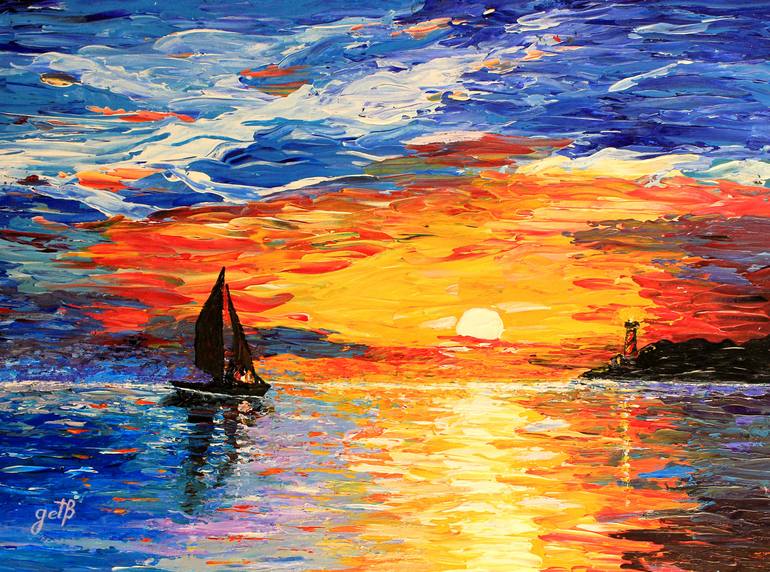 Romantic Sea Sunset acrylic palette knife painting Painting by Georgeta  Blanaru