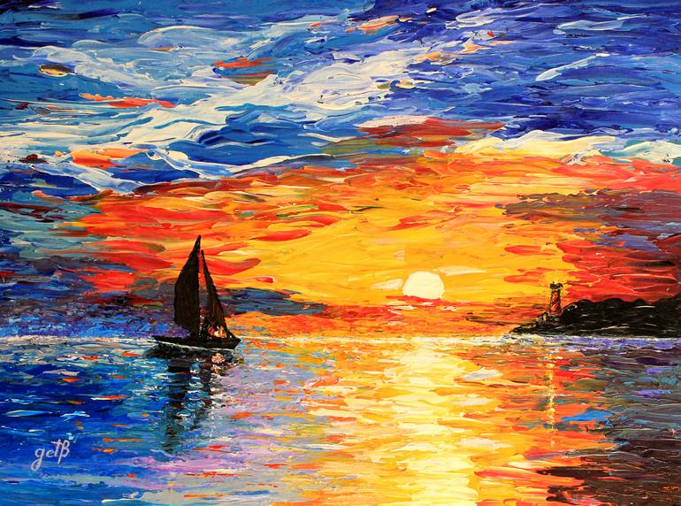 Romantic Sea Sunset Acrylic Palette Knife Painting Painting By