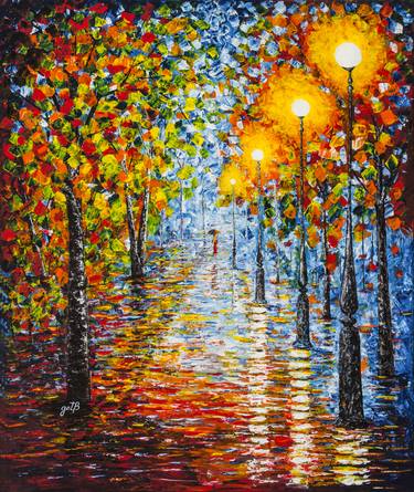 Rainy Reflections Autumn Evening Acrylic Palette Knife thumb