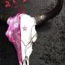 Candy gram
white lacquered Tibetan Yak skull decorated with crystals to one side and the other

pink mosaic glass being distressed to give a smudged lipstick effect, waxed black

horns,volcano swaroski crystal pentagram on right side 
65 x 59 x 24cm