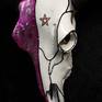 Candy gram
white lacquered Tibetan Yak skull decorated with crystals to one side and the other

pink mosaic glass being distressed to give a smudged lipstick effect, waxed black

horns,volcano swaroski crystal pentagram on right side 
65 x 59 x 24cm