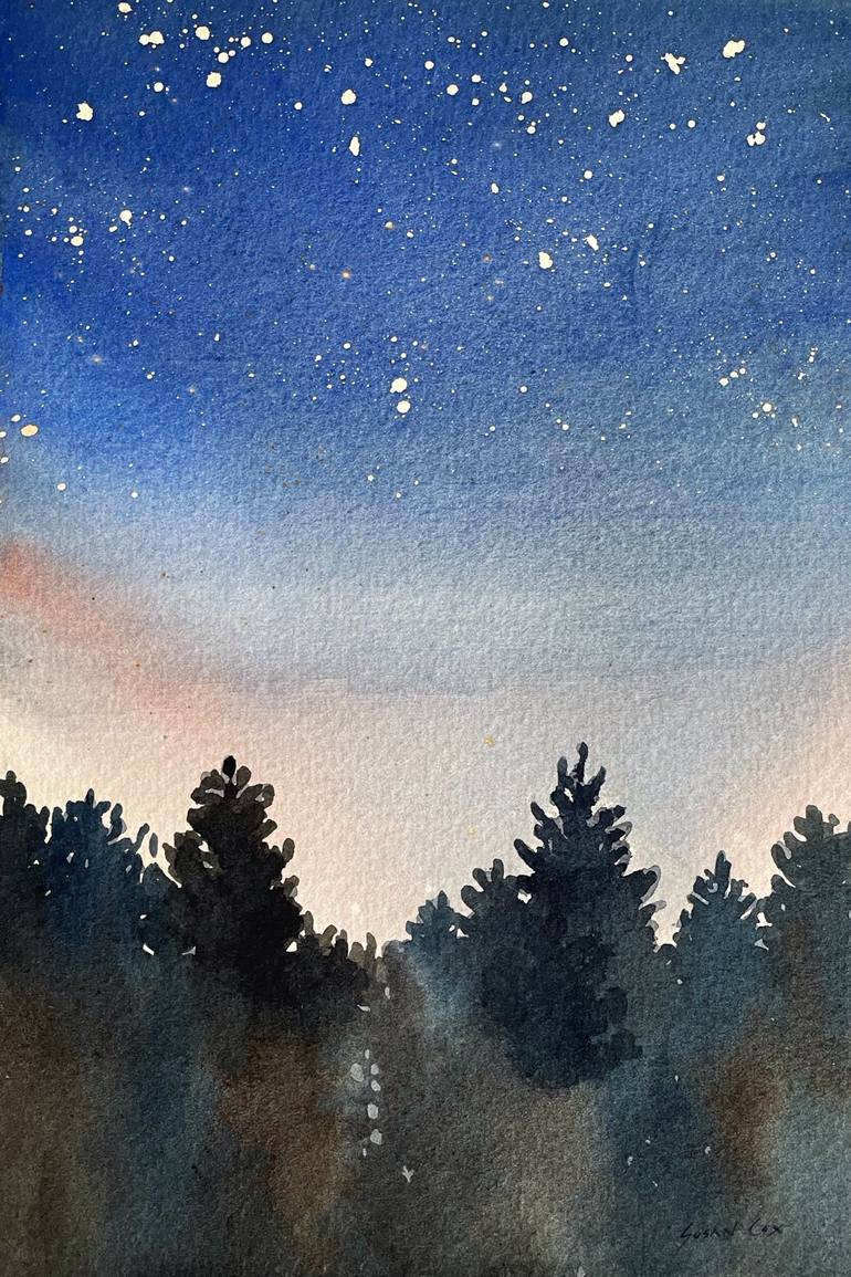 starry night forest painting