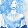 This is a set of 3 blue ink illustrations inspired on Vivienne Westwood's 90s collections. Each painting measures 4.9 x 8.4 inches. I have been very inspired by V. Westwood creations through the years. I love her playful, iconoclastic style and have created many illustrations of her catwalks. If you like this one look out for a complementary set of 3 more illustrations here in Saatchi https://www.saatchiart.com/account/artworks/409683 For more about me and my work visit dreamyme.com
