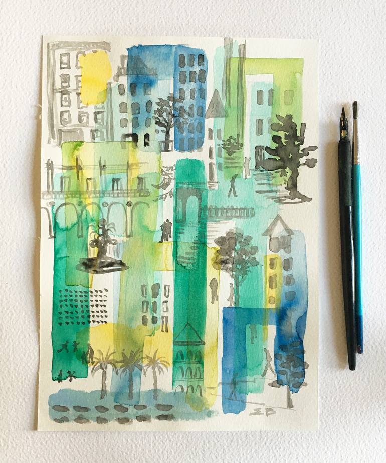 Original Figurative Cities Drawing by Elena Blanco