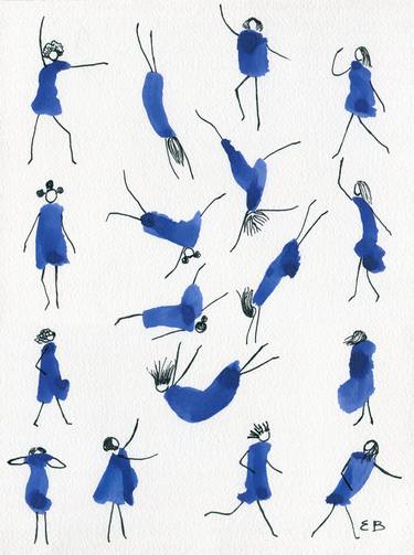 The falling girls and the standing girls -minimalist blue doodle pattern thumb