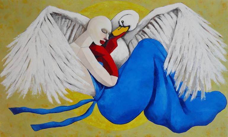 Goddess & Swan flying from the moon Painting by Ta Byrne | Saatchi Art