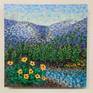 Mountain High was inspired by the alpine landscape of the Sierra Nevada in springtime. Balsamroot flowers adorn the foreground with heavier impasto brushstrokes. Many layers of dots and small brush strokes make up this impressionist painting on canvas. Varnished and ready to hang with wire backing. Arrives with certificate of authenticity.