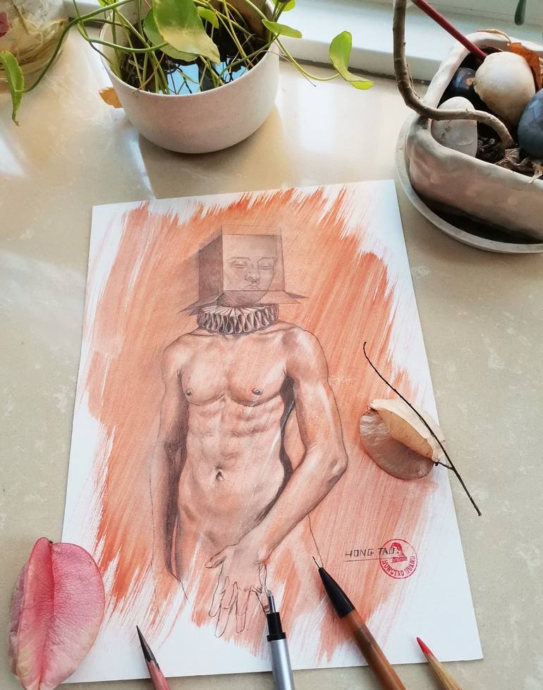 Original Figurative Nude Drawing by Hongtao Huang