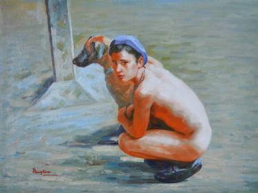 ORIGINAL OIL PAINTING   MAN AND DOG #12-31-01 thumb