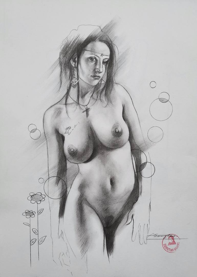 Original Figurative Nude Drawing by Hongtao Huang