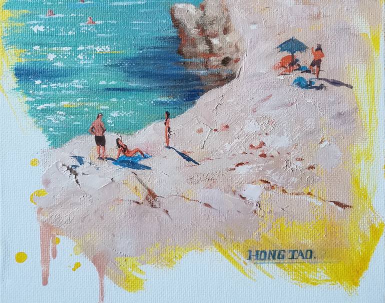 Original Art Deco Beach Painting by Hongtao Huang