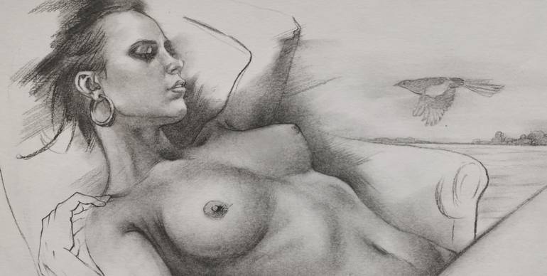Original Figurative Nude Drawing by Hongtao Huang