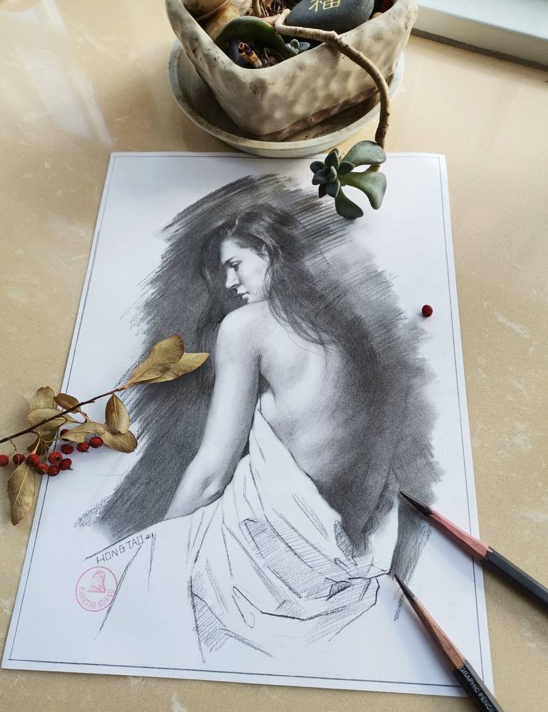 Original Figurative Nude Drawing by Hongtao Huang