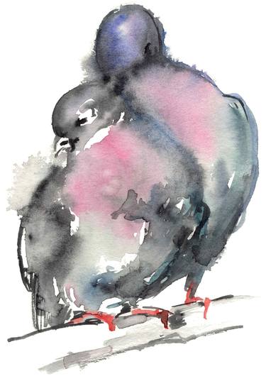Watercolor drawing two loving pigeons thumb