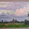 It is a great pleasure to observe the clouds - their movement, shapes, overflow of colors. It is especially beautiful in the evening, in the rays of the setting sun.
Here we see a wide field with few trees, a summer August evening and the heat only subsided, an open view of the huge rolling rain clouds in the distance.
The artwork is painted from nature, pasty and juicy strokes. Lots of blue, light blue, purple and dark, muted greenery. A classical realism.
Oil on canvas on carton, 2018.