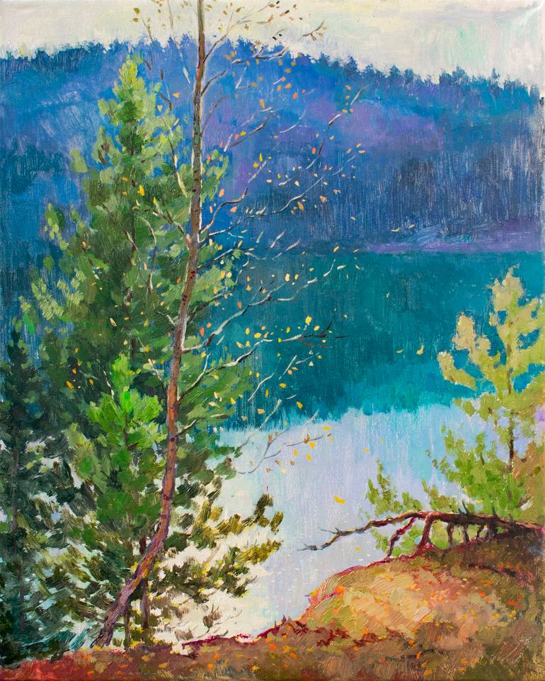 Original Nature Painting by Vera Bondare | Expressionism Art on Canvas | Autumn on the lake