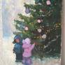 In childhood we are surprised most of all at all kinds of Christmas and New Year miracles. And in childhood, a miracle can catch us at every corner. And this huge, sagging, luminous spruce also became a miracle for these two heroes of the plot. Everyone here can feel themselves or see their own children here.

Was cerated in 2019.
Canvas on carton.