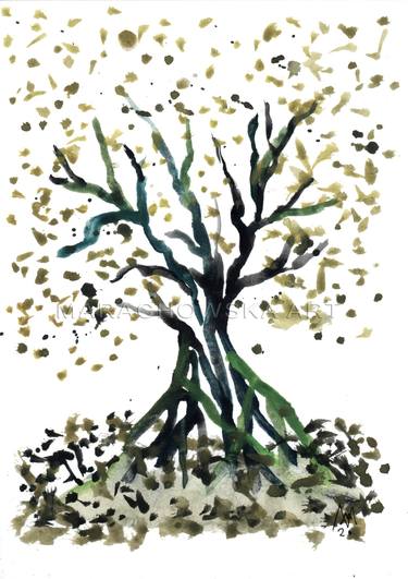 TREE, Nature Painting, Landscape, Watercolor Artwork, Passepartout, Wooden Framed, Marachowska Art thumb