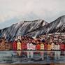 I got very inspired by my friend's travel photos from Norway. One of them was from Bergen's waterfront with traditional fishermen colorful houses, called rorbuer. The eternal beauty of magnificent mountains also astonish me, so this painting is an ode to purity of nature and human's gentle touch to it.