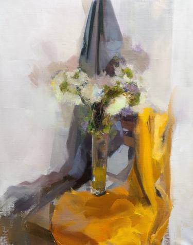 Yellow and grey still life with flowers - Astries and Golden Glow thumb