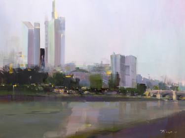 Original oil painting - Cityscape Frankfurt Towers thumb
