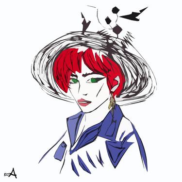 Red-haired girl in extravagant fancy hat and purple trench coat thumb