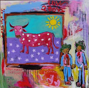 Two cowboys and red cow on violet field with flowers thumb