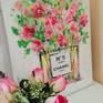 Iconic Chanel n.5 perfume bottle with a floral arrangement of impasto textured flowers