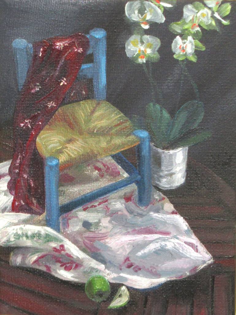 Still life with chair and orchids Painting by Peter Allan | Saatchi Art