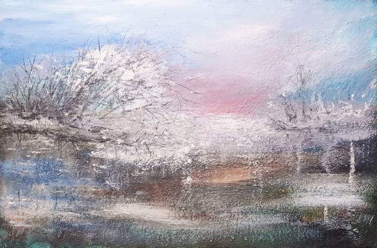 Original Landscape Painting by Elena Ivanova | Art Deco Art on Canvas | Frost by the lake