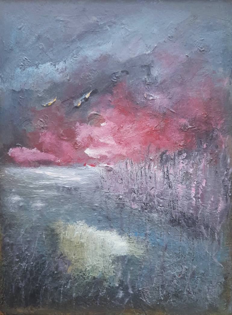 Original Landscape Painting by Elena Ivanova | Art Deco Art on Hardboard | Evening by the lake