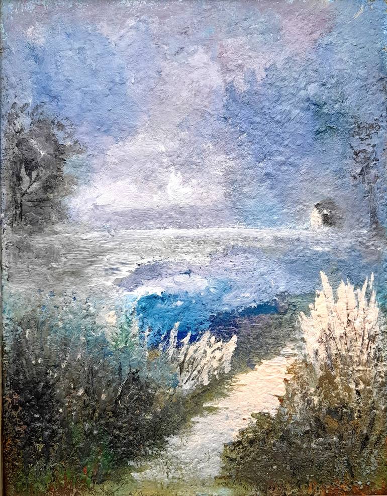Original Landscape Painting by Elena Ivanova | Color Field Painting Art on Hardboard | Path by the lake