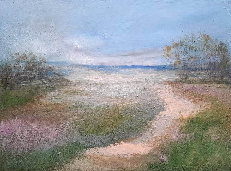 Original Beach Painting by Elena Ivanova | Art Deco Art on Canvas | Sandy path to the lake