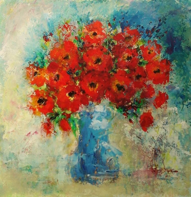 Blue vase with flowers Painting by Elena Ivanova | Saatchi Art