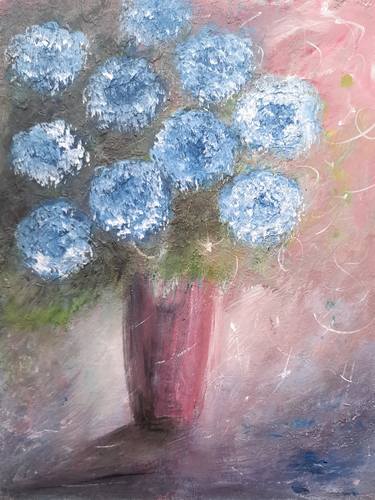 Pink vase and blue flowers thumb