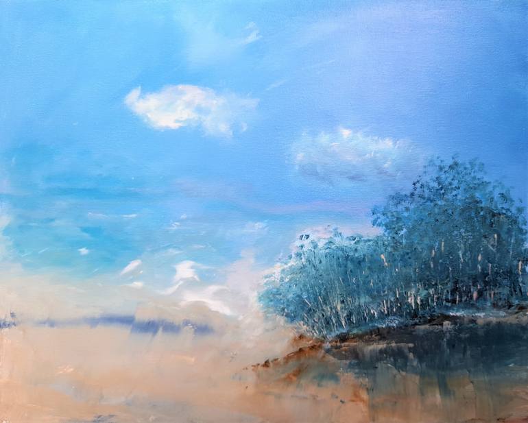Original Seascape Painting by Elena Ivanova | Art Deco Art on Canvas | Rushes by the lake