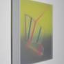 The core element in Kal Mansur’s work is a sculptural object he calls “fodder”. This shape is made of completely clear and hard-edged plexiglass. Mansur embeds fluorescent pigments into it which project through the edges. He paints surrounding areas and encases the work within a translucent panel. The completed piece appears to change as light strikes its internal elements, enabling the viewer to visually travel through the composition.