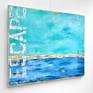 Contemporary coastal abstract pop art beach landscape seascape painting by Sabina D'Antonio, with turquoise and blue colours, red and white numbers, and large typography.