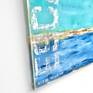 Contemporary coastal abstract pop art beach landscape seascape painting by Sabina D'Antonio, with turquoise and blue colours, red and white numbers, and large typography.