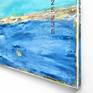 Contemporary coastal abstract pop art beach landscape seascape painting by Sabina D'Antonio, with turquoise and blue colours, red and white numbers, and large typography.