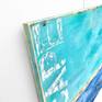 Contemporary coastal abstract pop art beach landscape seascape painting by Sabina D'Antonio, with turquoise and blue colours, red and white numbers, and large typography.