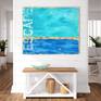 Contemporary coastal abstract pop art beach landscape seascape painting by Sabina D'Antonio, with turquoise and blue colours, red and white numbers, and large typography.