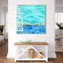 Contemporary coastal abstract beach pop art landscape seascape painting by Sabina D'Antonio, with turquoise and blue colours.