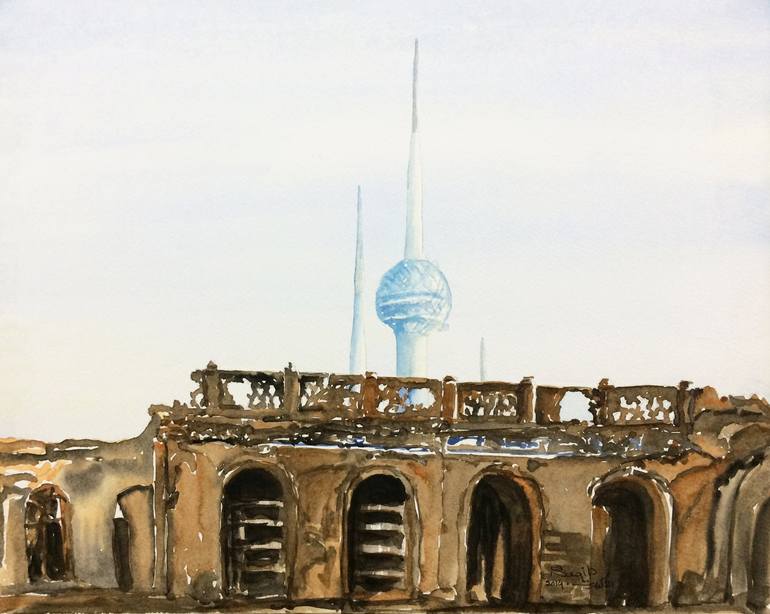Old Dasman Palace in front of Kuwait Towers Painting by Saqib Akhtar