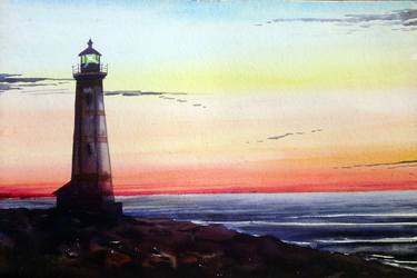 Lighthouse at Night-Watercolor on Paper thumb
