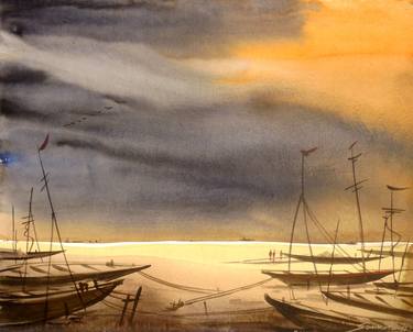 Storm & Fishing Boats-Watercolor Painting thumb