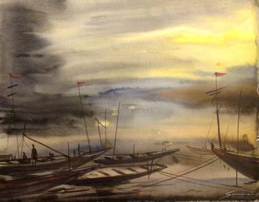 Storm & Fishing Boats-Watercolor Painting thumb