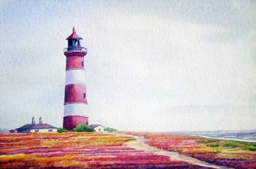 Lighthouse & Flower garden-watercolor painting on paper thumb