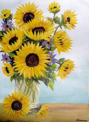 Sunflowers And Flower Vase Acrylic On Canvas Painting By Samiran